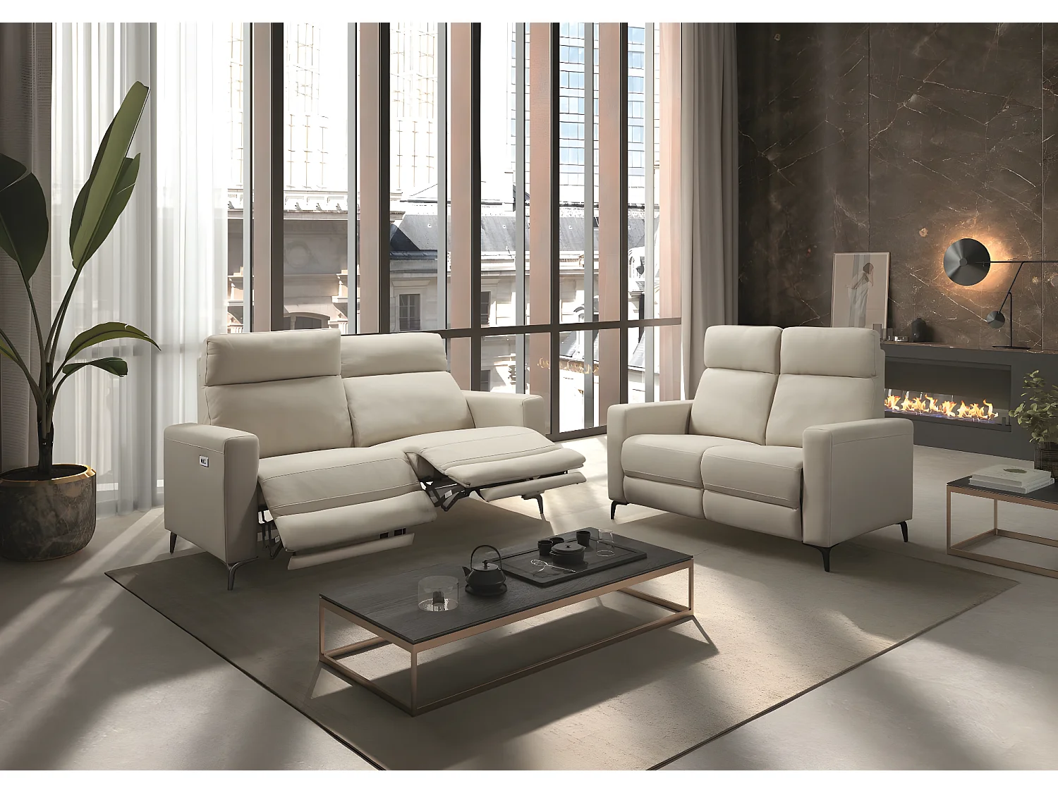 Ensemble canapé de 3 places (2 relax électriques) + canapé de 2 places fixes en tissu