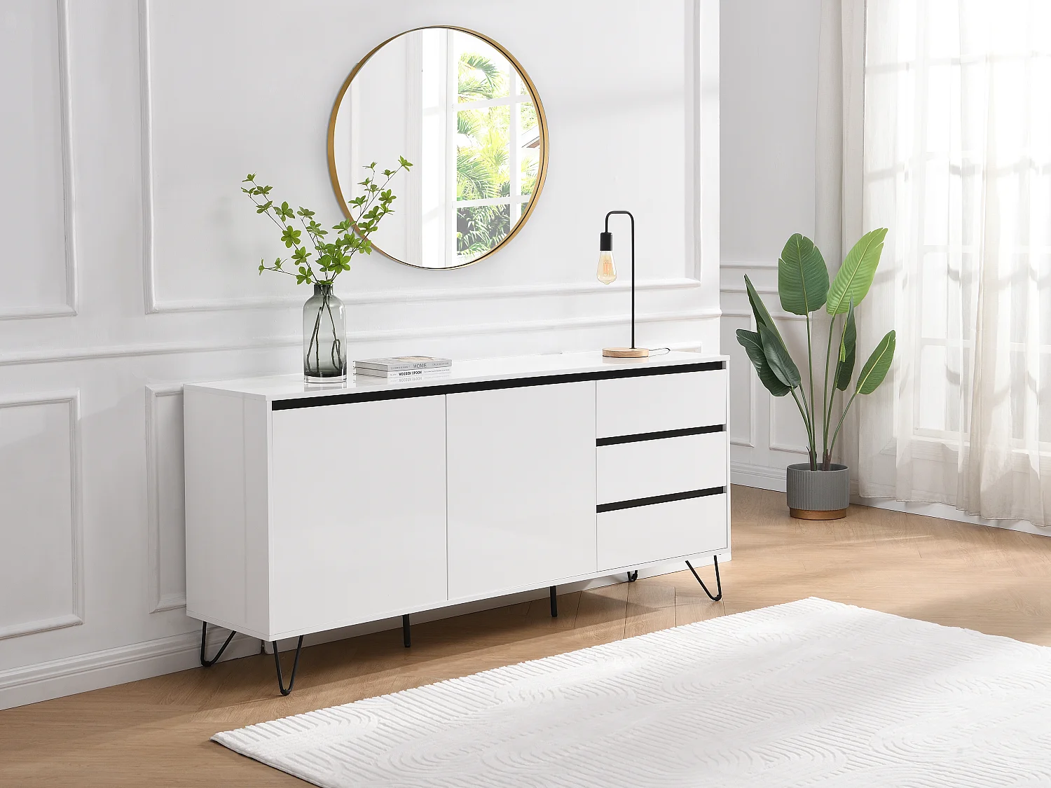 Credenza con 2 ante e 3 cassetti in MDF e acciaio Bianco e Nero - ABUJA di PASCAL MORABITO
