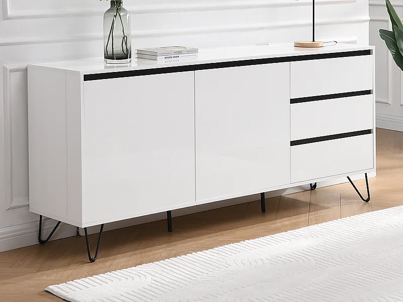 Buffet avec 2 portes et 3 tiroirs en MDF et acier - Blanc et Noir - ABUJA de Pascal Morabito