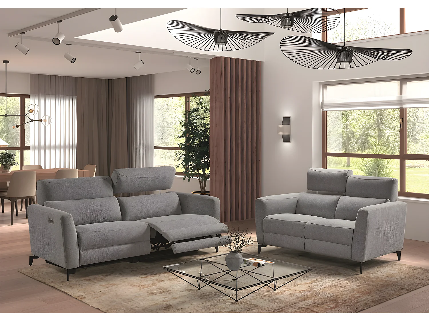Canapé de 3 places (2 relax électriques) en tissu couleur Gris foncé
