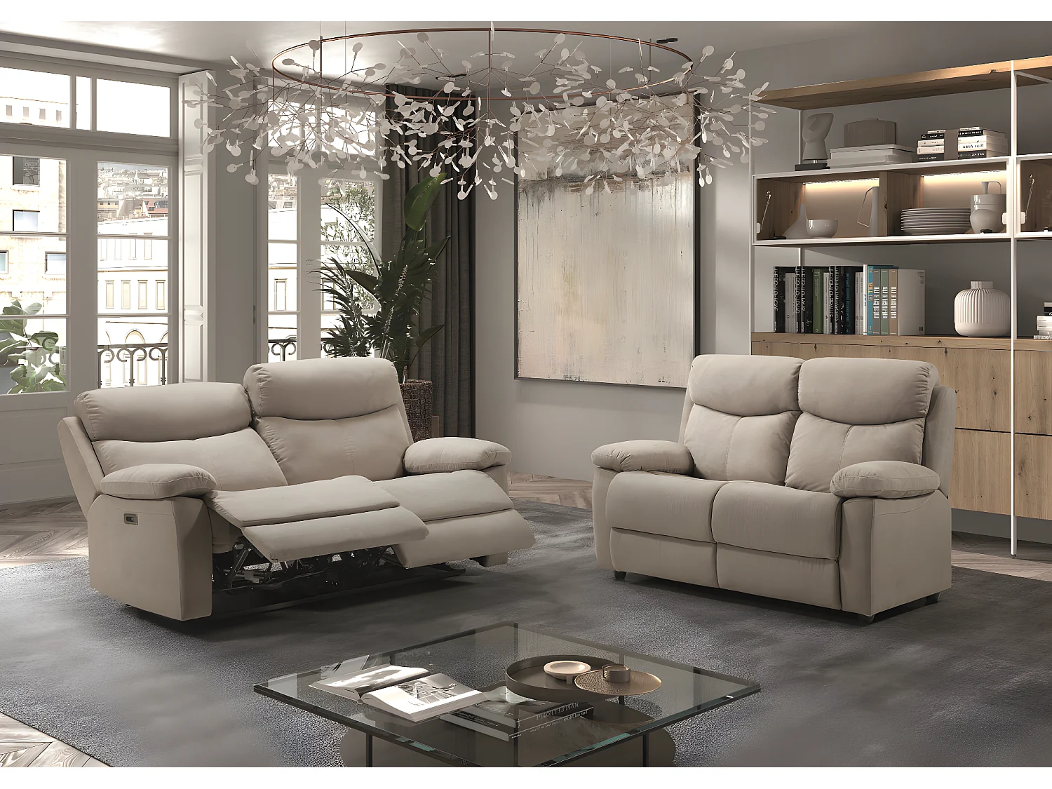 Canapé de 3 places (2 relax électriques) en tissu couleur Crème