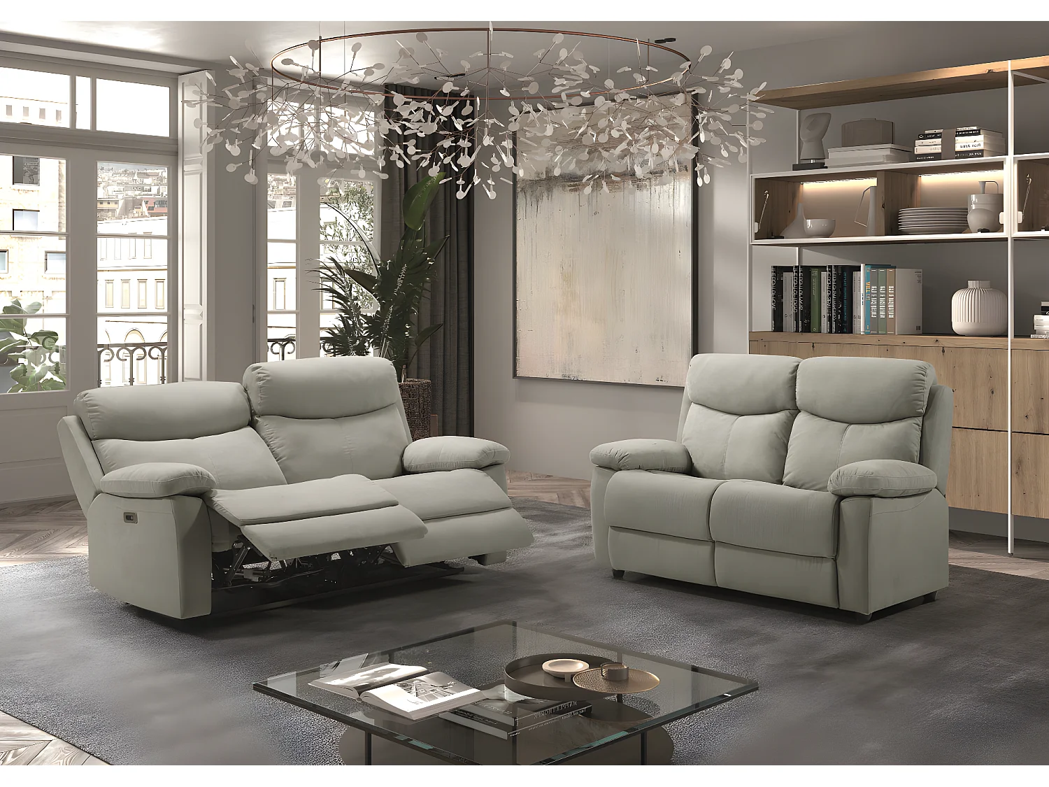 Canapé de 3 places (2 relax électriques) en tissu couleur Gris perle