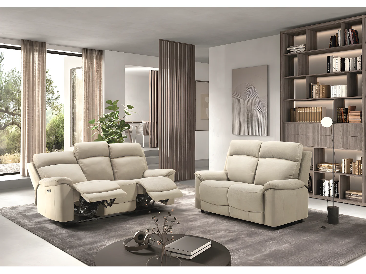 Canapé de 3 places (2 relax électriques) en tissu couleur Ivoire