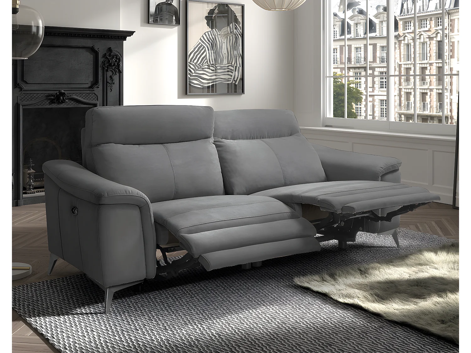 Canapé de 3 places (2 relax électriques) en tissu couleur Gris foncé