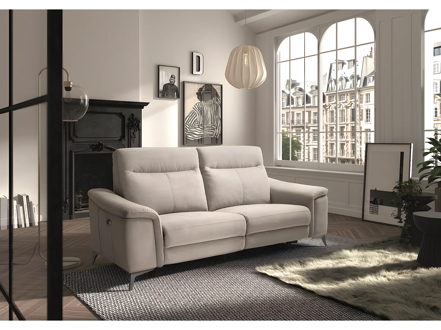 Canapé de 3 places (2 relax électriques) en tissu couleur Gris clair