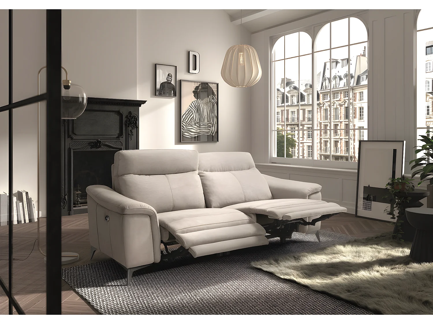 Canapé de 3 places (2 relax électriques) en tissu couleur Gris clair