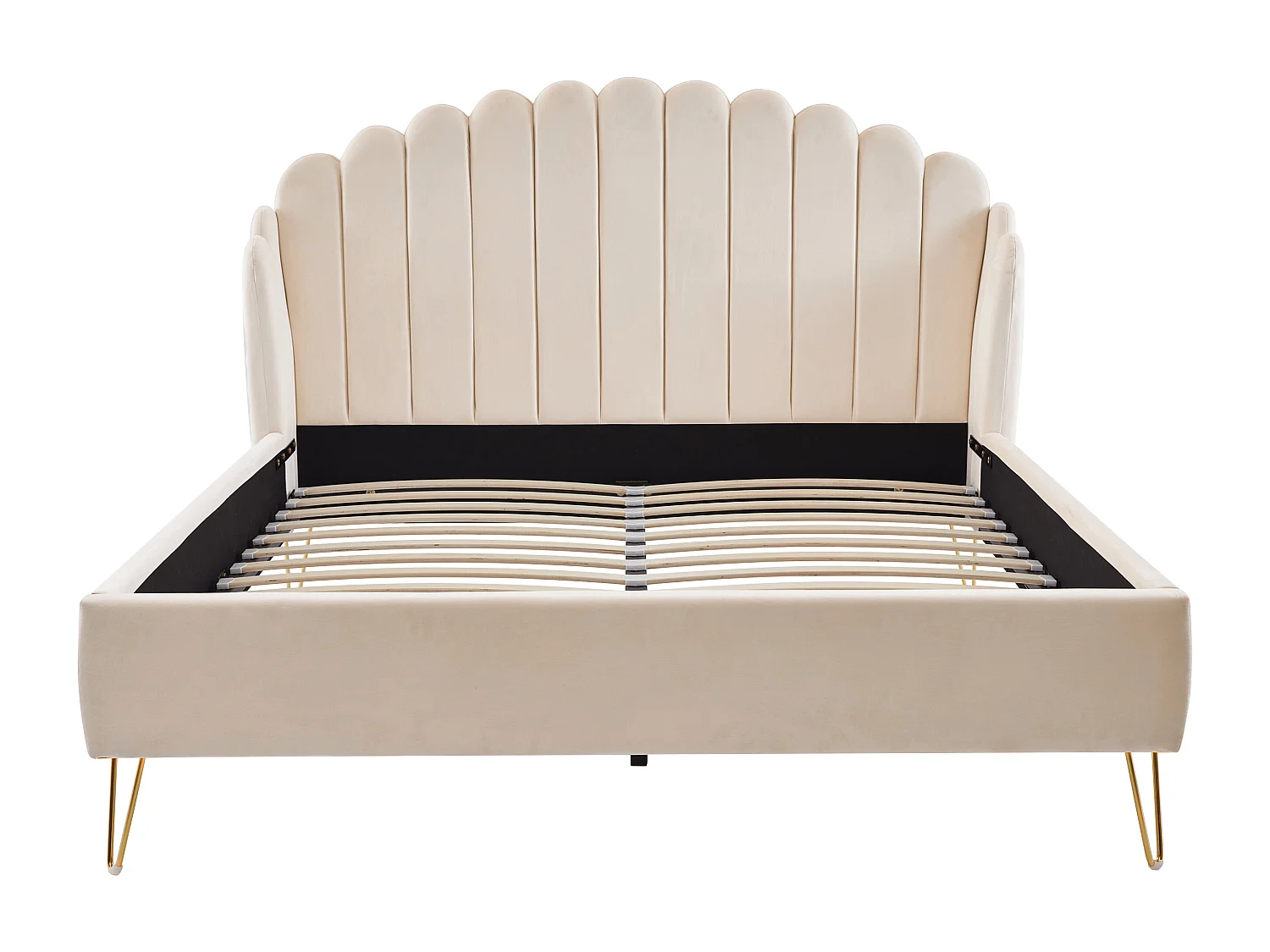 Lit 140 x 190 cm avec tête de lit ondulée - Velours - Beige - SAGALI