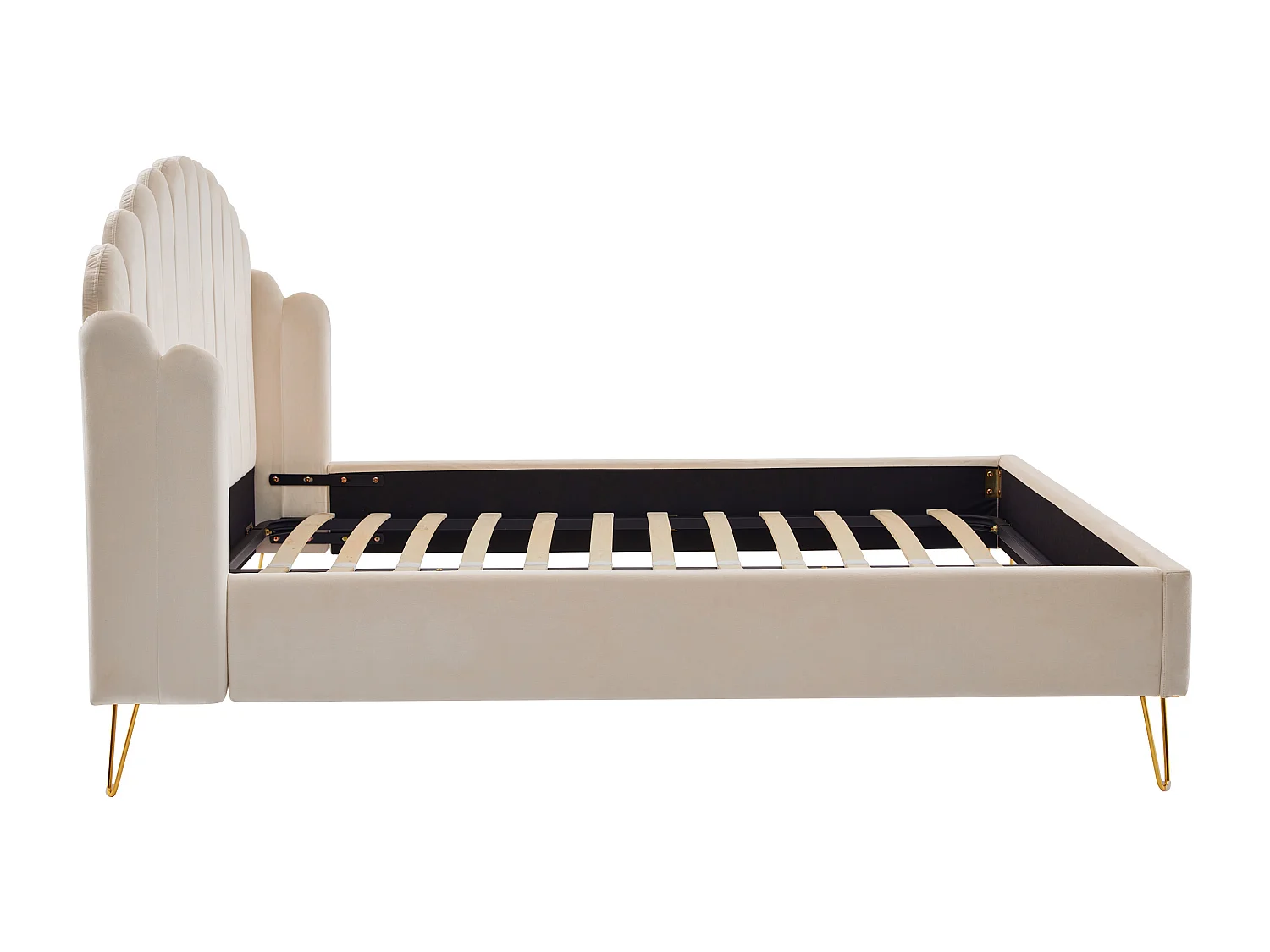 Bed van 140 x 190 cm met golvend hoofdbord - Fluweel - Beige - SAGALI