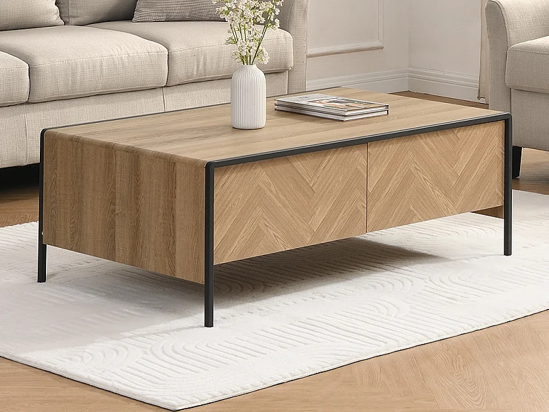 Table basse avec 2 tiroirs en MDF et acier - Naturel clair et Noir - TUMACO