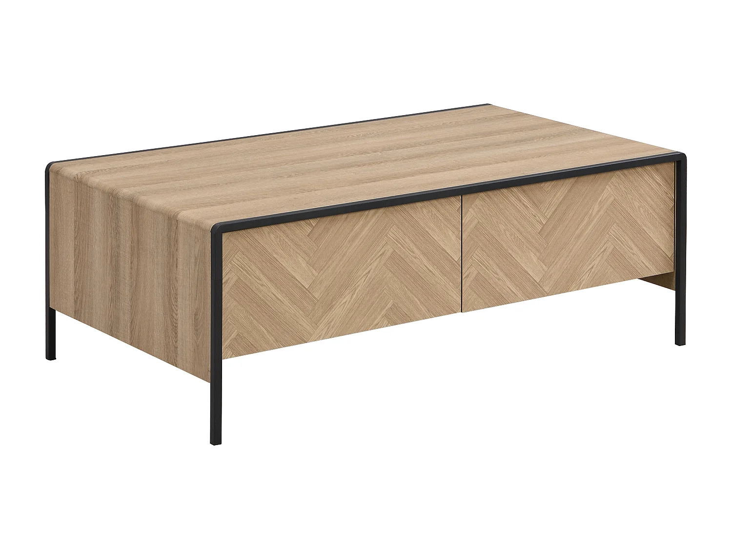 Table basse avec 2 tiroirs en MDF et acier - Naturel clair et Noir - TUMACO