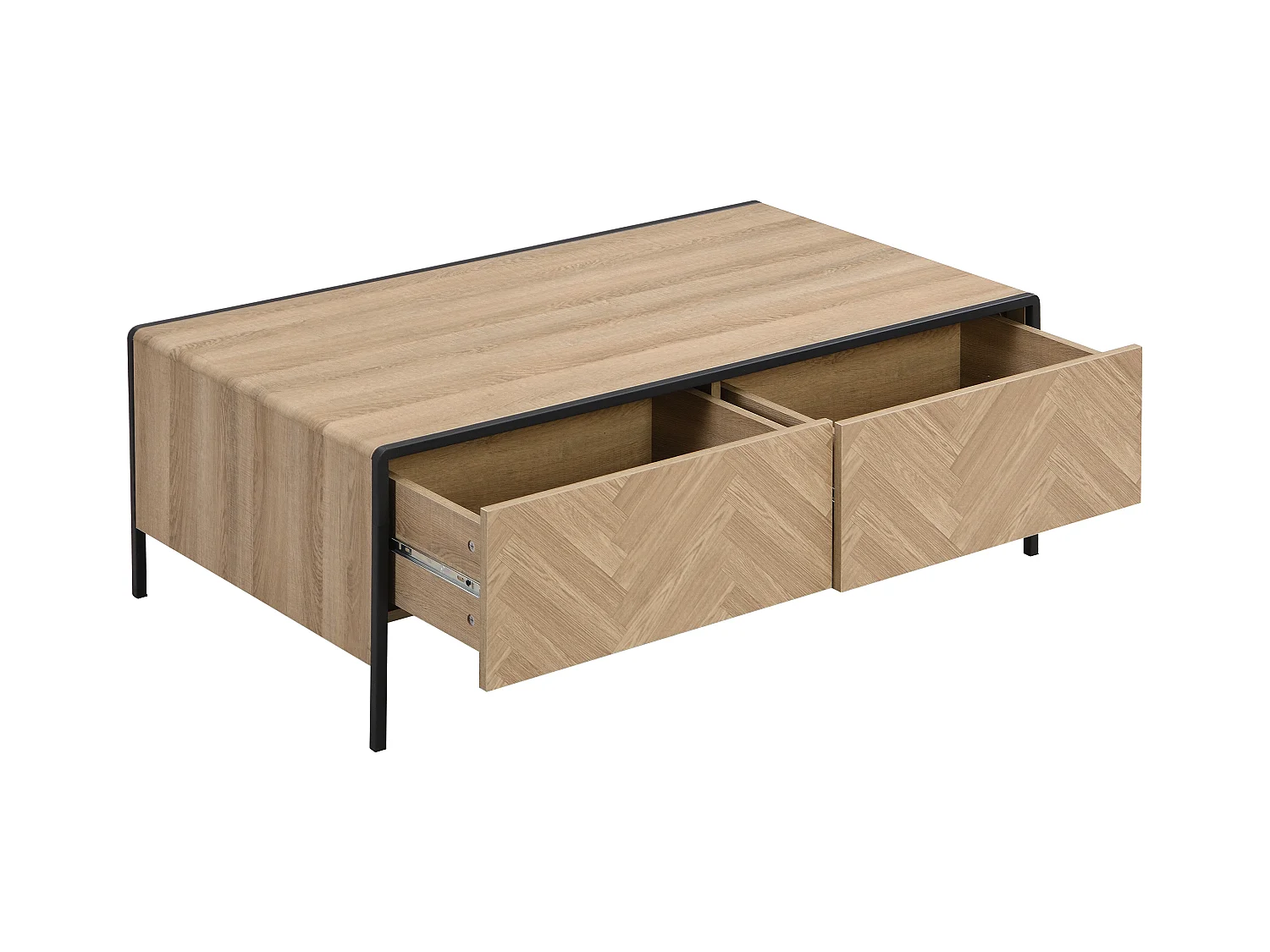 Mesa de centro con 2 cajones de MDF y acero - Natural claro y Negro - TUMACO