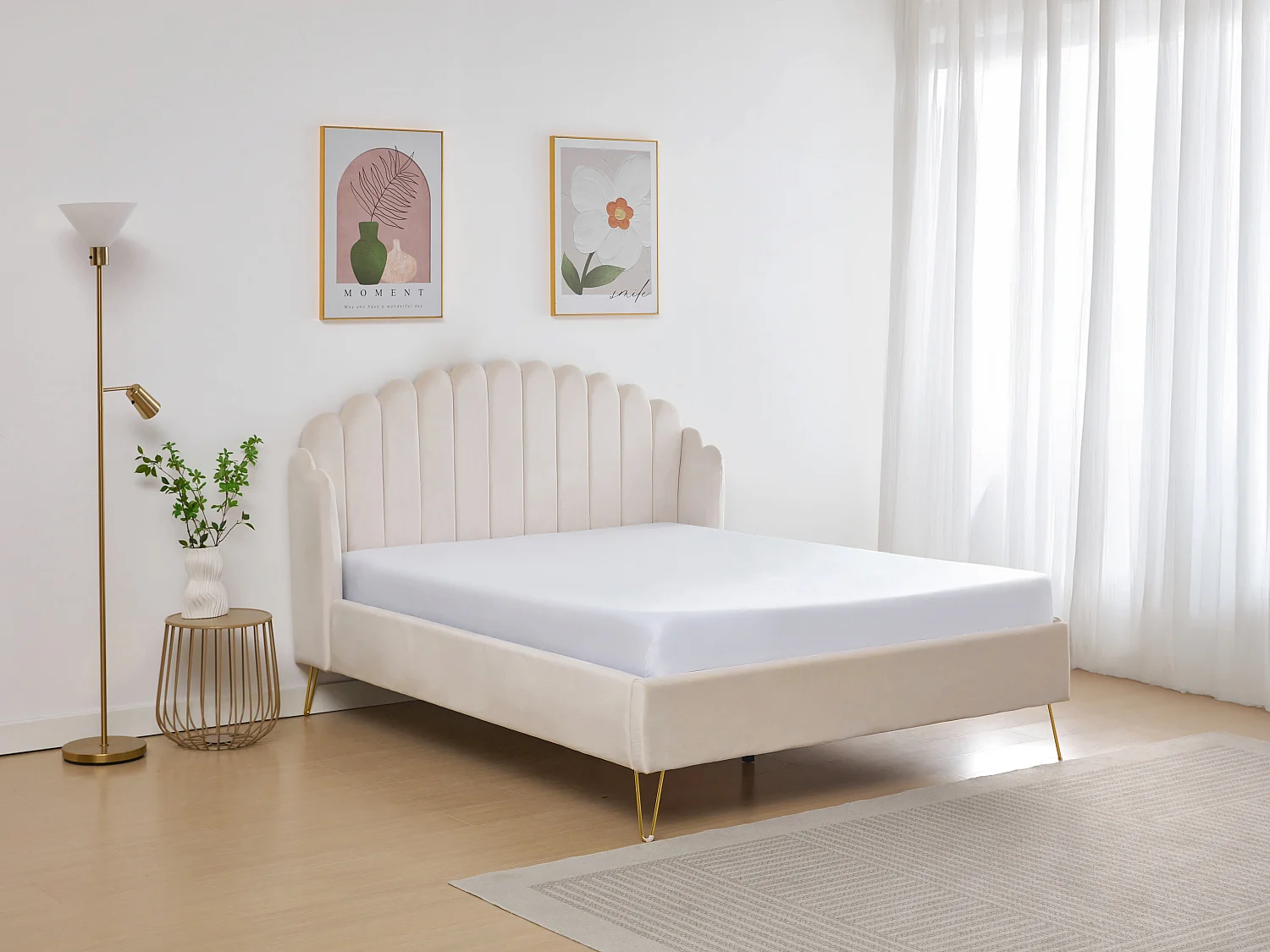 Bed van 160 x 200 cm met golvend hoofdbord - Fluweel - Beige - SAGALI