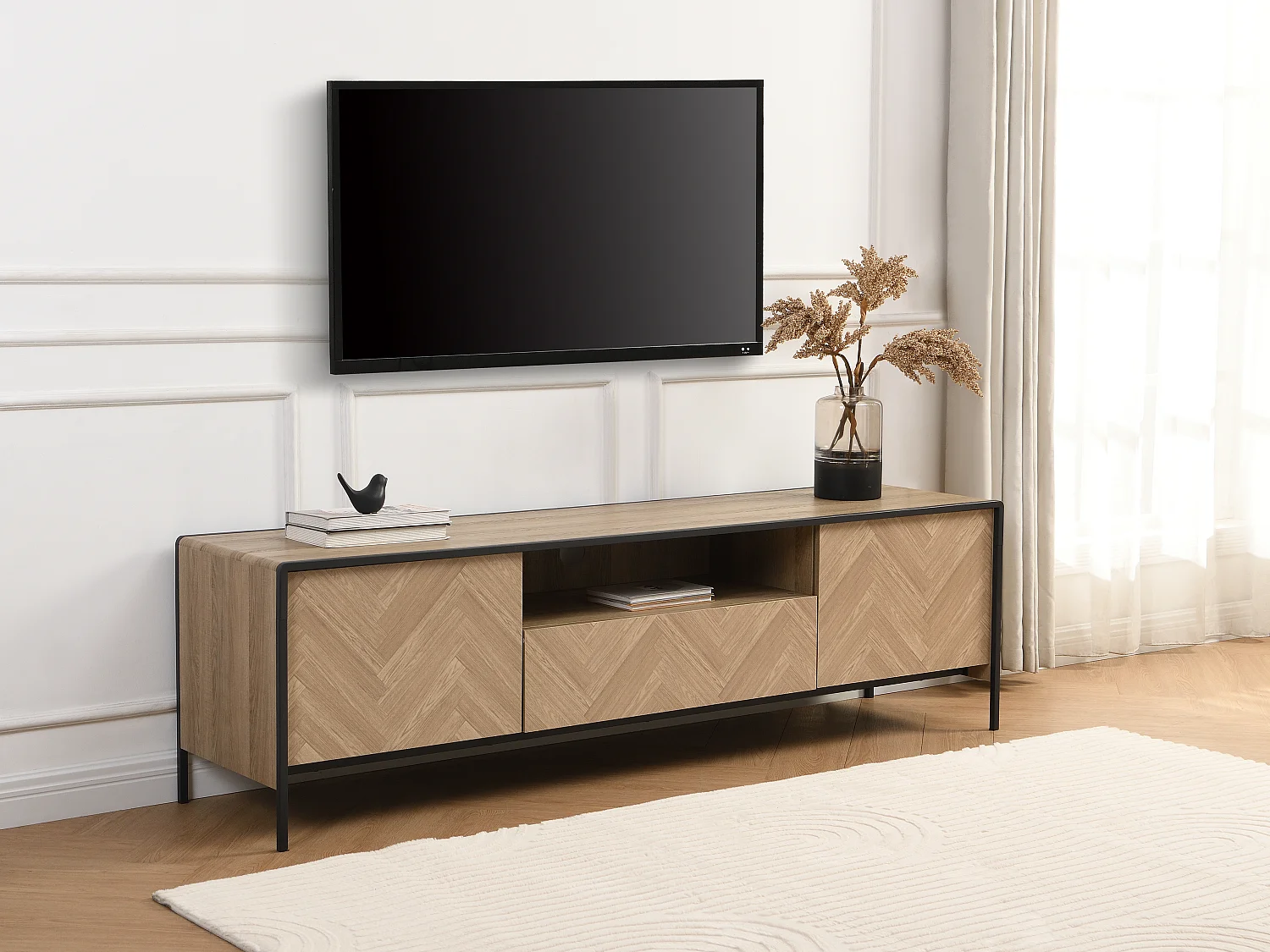 Meuble TV avec 2 portes, 1 tiroir et 1 niche en MDF et acier - Naturel clair et Noir - TUMACO