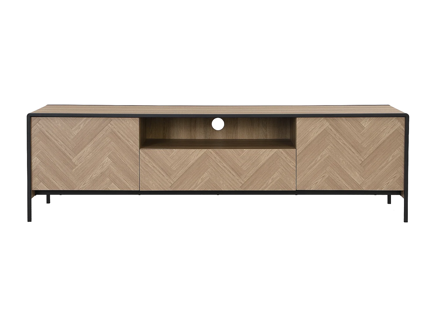 Meuble TV avec 2 portes, 1 tiroir et 1 niche en MDF et acier - Naturel clair et Noir - TUMACO