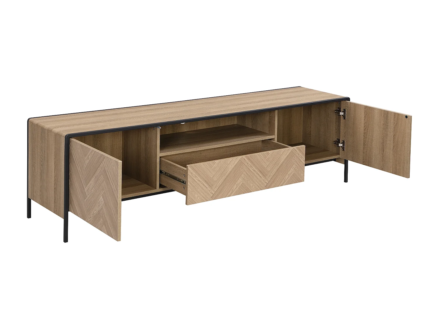 Meuble TV avec 2 portes, 1 tiroir et 1 niche en MDF et acier - Naturel clair et Noir - TUMACO