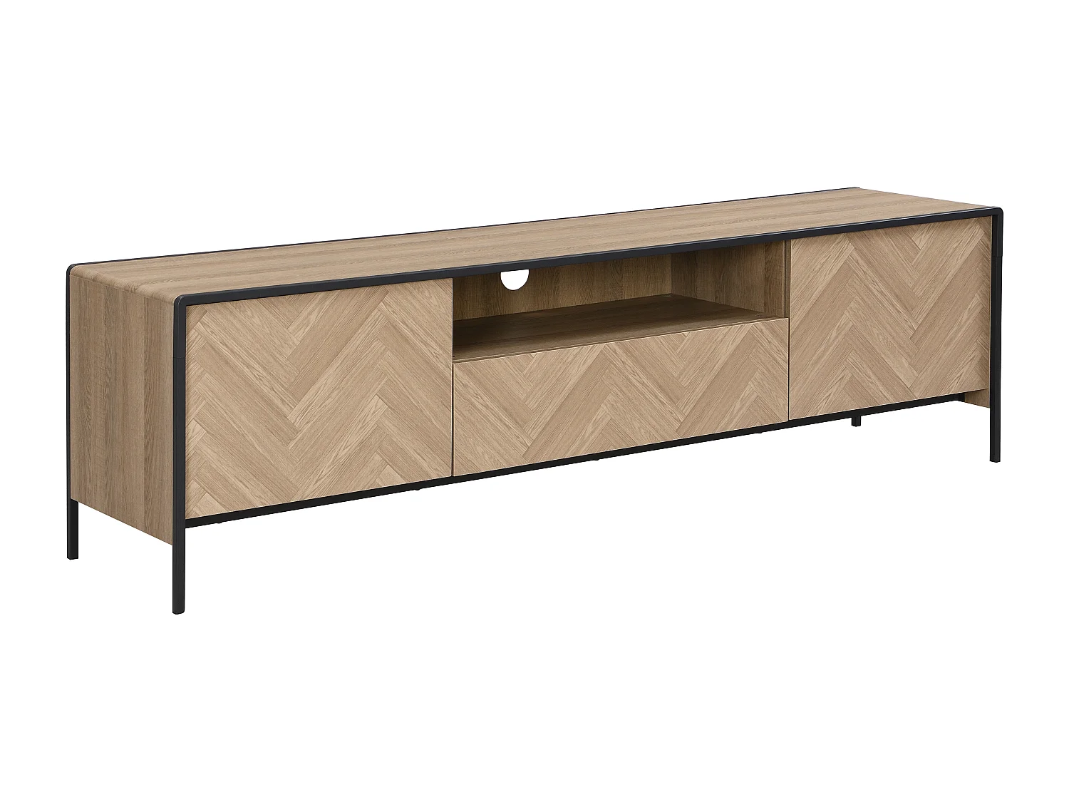 Meuble TV avec 2 portes, 1 tiroir et 1 niche en MDF et acier - Naturel clair et Noir - TUMACO