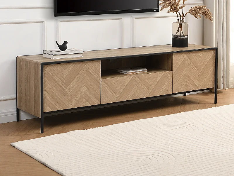 Tv-meubel met 2 deuren, 1 lade en 1 nis van mdf en staal - Licht naturel en zwart - TUMACO