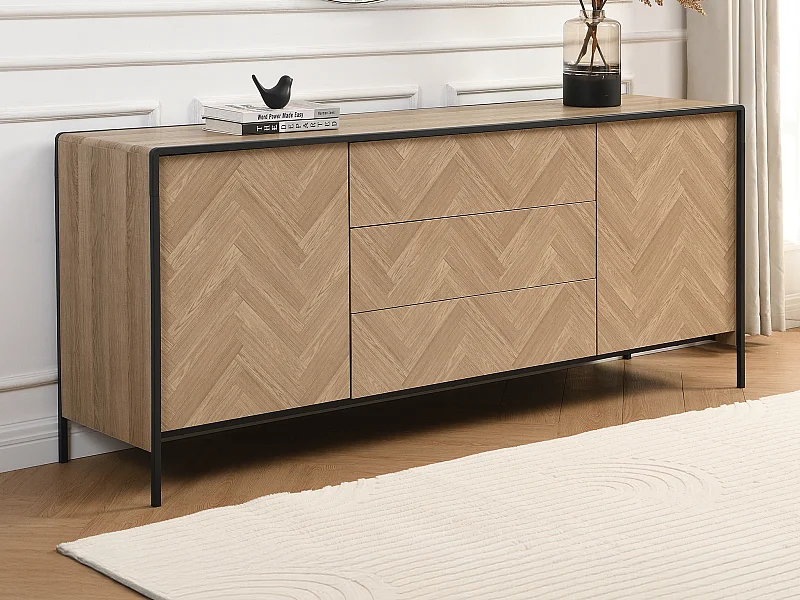 Sideboard mit 2 Türen & 3 Schubladen - MDF & Stahl - Holzfarben hell & Schwarz - TUMACO