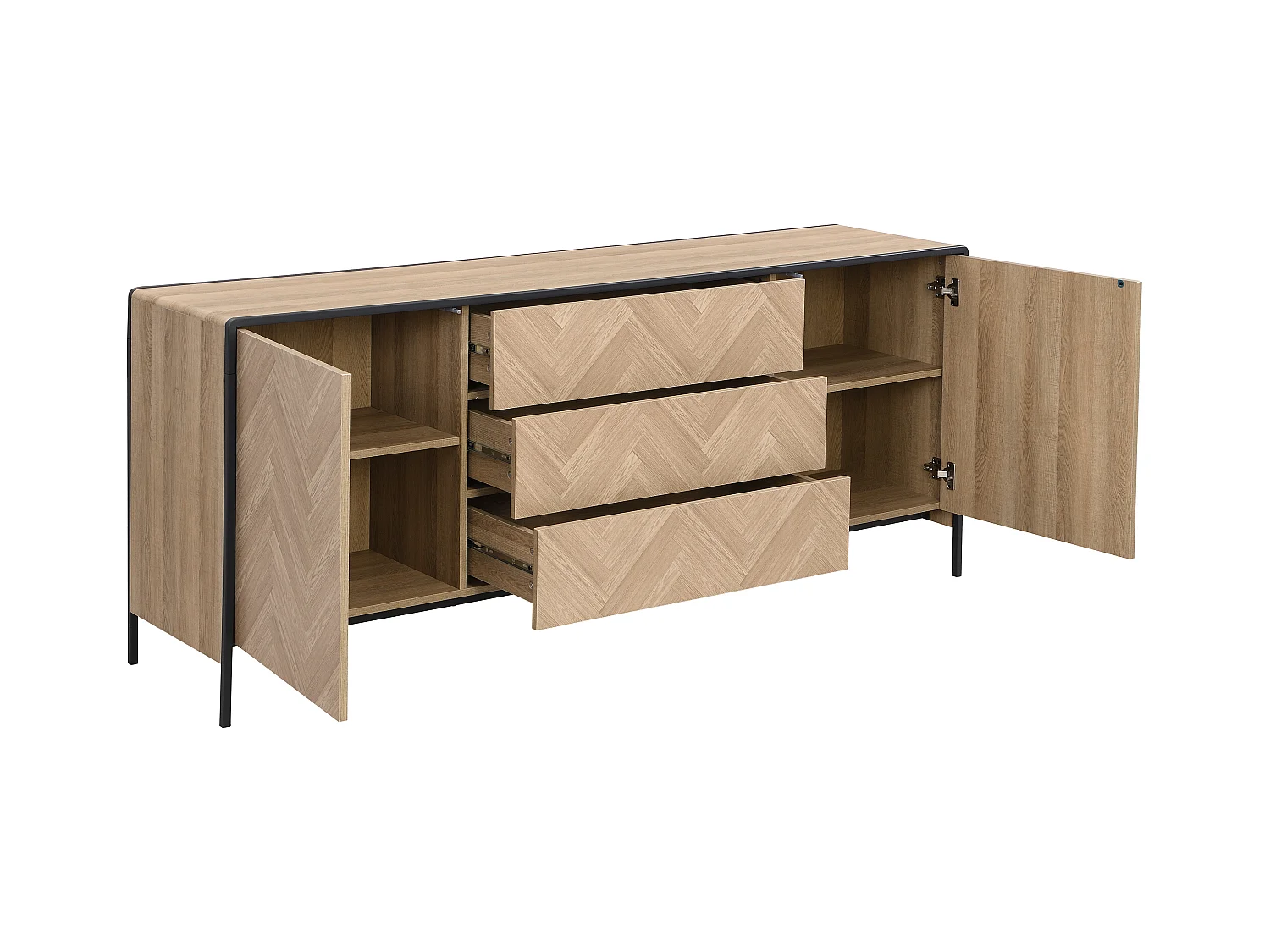 Buffet avec 2 portes et 3 tiroirs en MDF et acier - Naturel clair et Noir - TUMACO