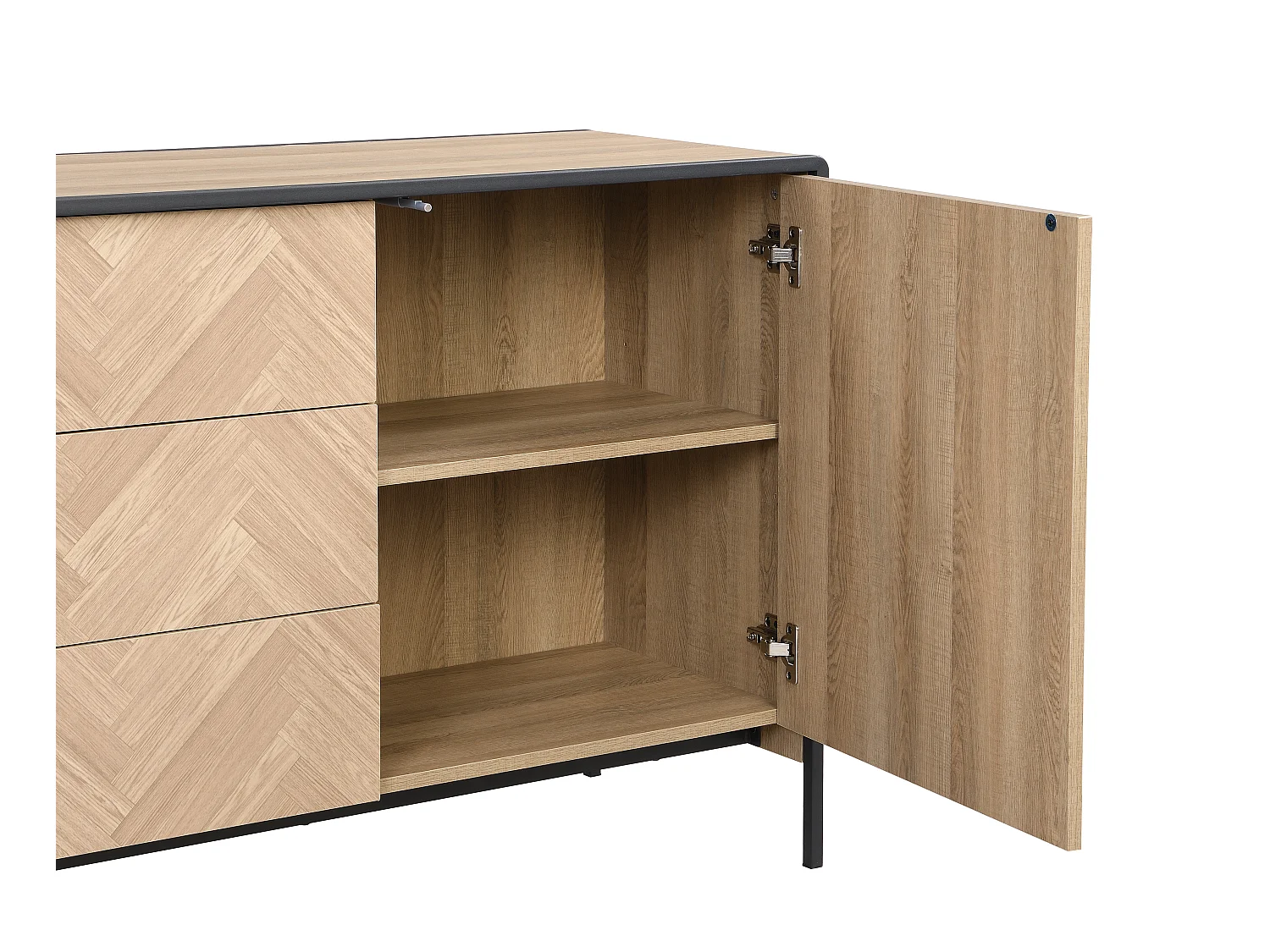 Buffet avec 2 portes et 3 tiroirs en MDF et acier - Naturel clair et Noir - TUMACO