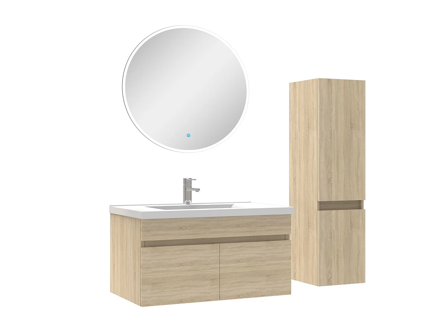 Ensemble Salle De Bain simple vasque avec colonne et miroir rond 80cm meuble Chêne Wotan