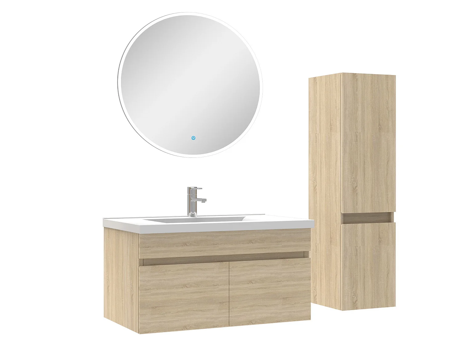 Ensemble Salle De Bain simple vasque avec colonne et miroir rond 80cm meuble Chêne Wotan