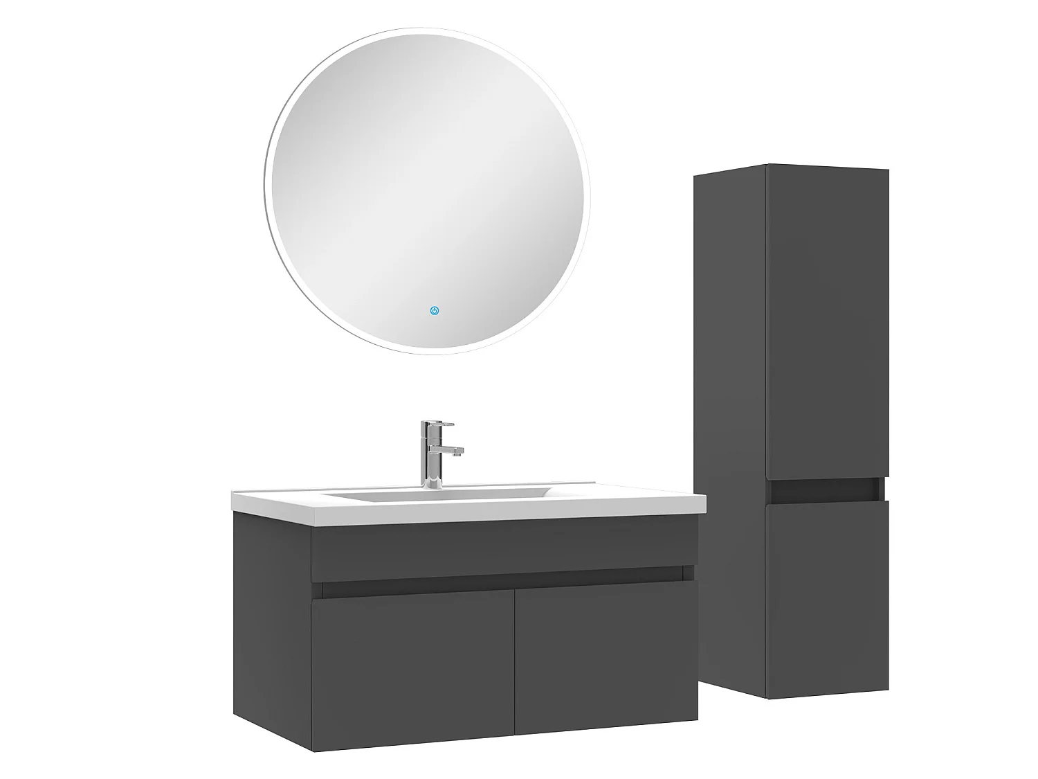 Ensemble Salle De Bain simple vasque avec colonne et miroir rond 80cm meuble Anthracite
