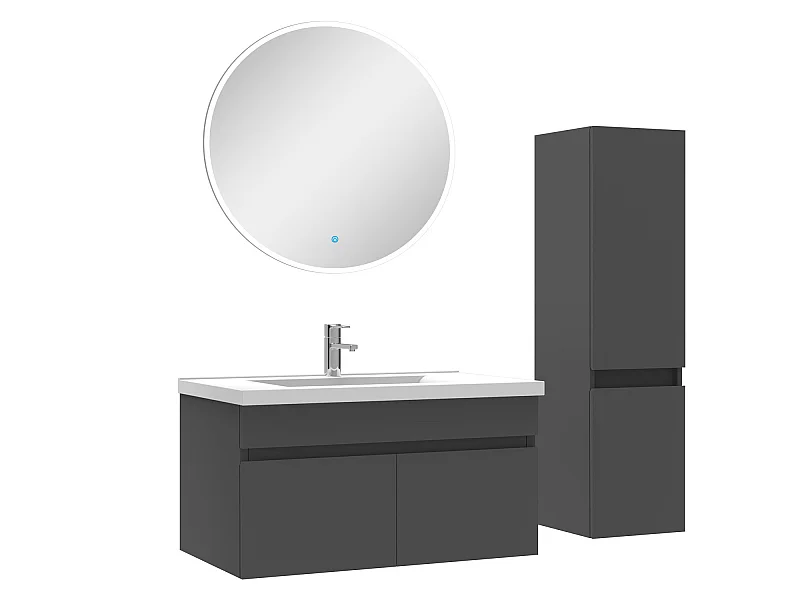 Ensemble Salle De Bain simple vasque avec colonne et miroir rond 80cm meuble Anthracite