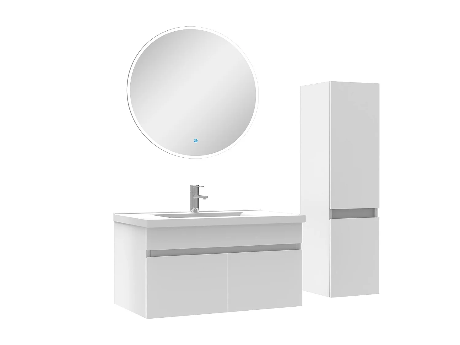 Ensemble Salle De Bain simple vasque avec colonne et miroir rond 80cm meuble blanc