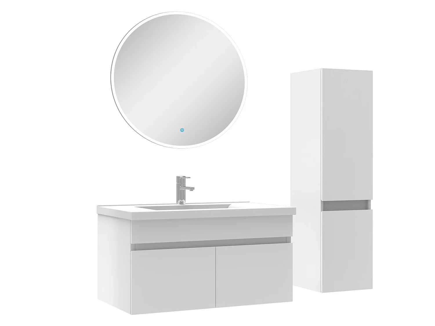 Ensemble Salle De Bain simple vasque avec colonne et miroir rond 80cm meuble blanc