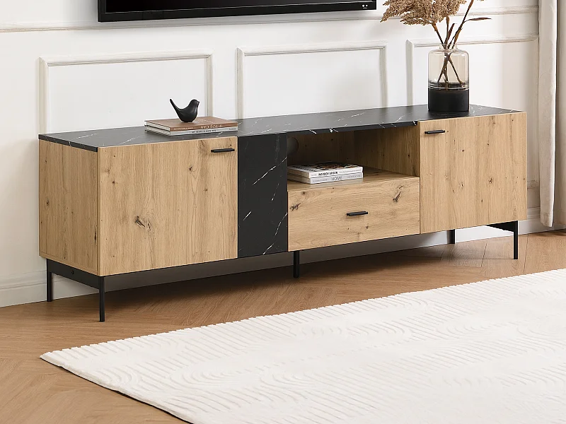 TV-Möbel mit 2 Türen, 1 Schublade & 1 Ablagefach - MDF & Metall - Holzfarben hell & Marmor-Optik Schwarz - LIOMENA von Pascal MORABITO
