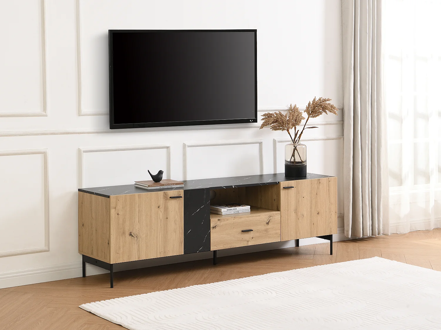 Meuble TV avec 2 portes, 1 tiroir et 1 niche en MDF et métal - Naturel clair et Effet marbre noir - LIOMENA de Pascal Morabito
