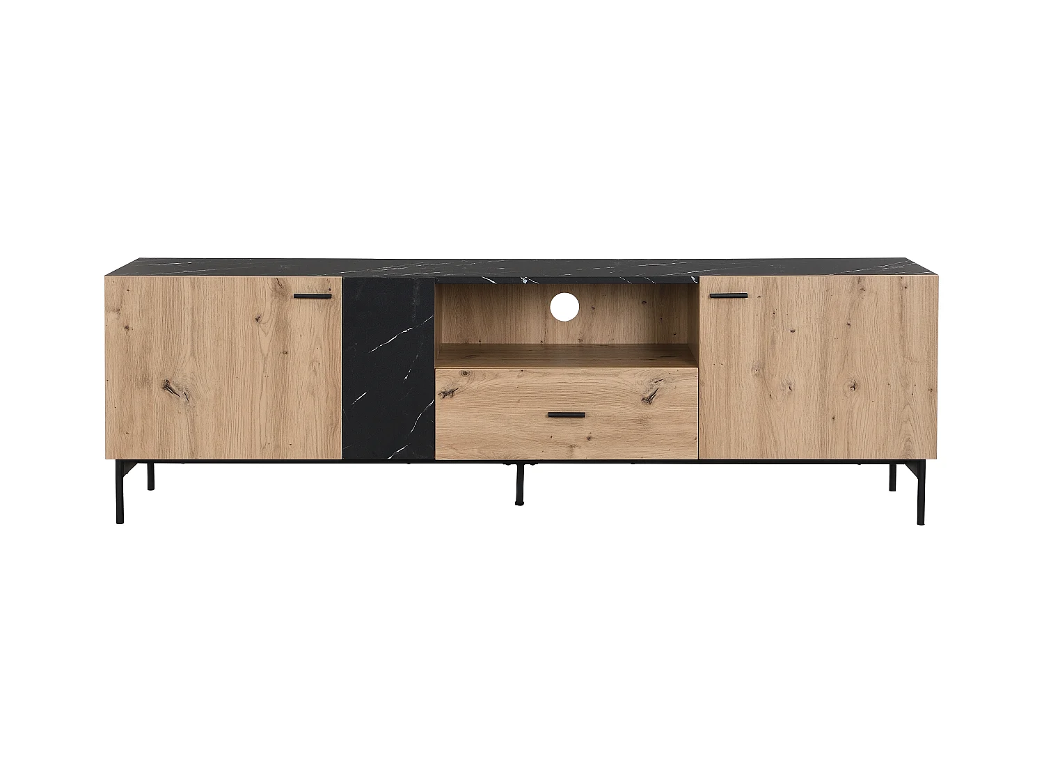 Mueble TV con 2 puertas, 1 cajón y 1 estante de MDF y metal - Natural claro y efecto mármol negro - LIOMENA de Pascal Morabito