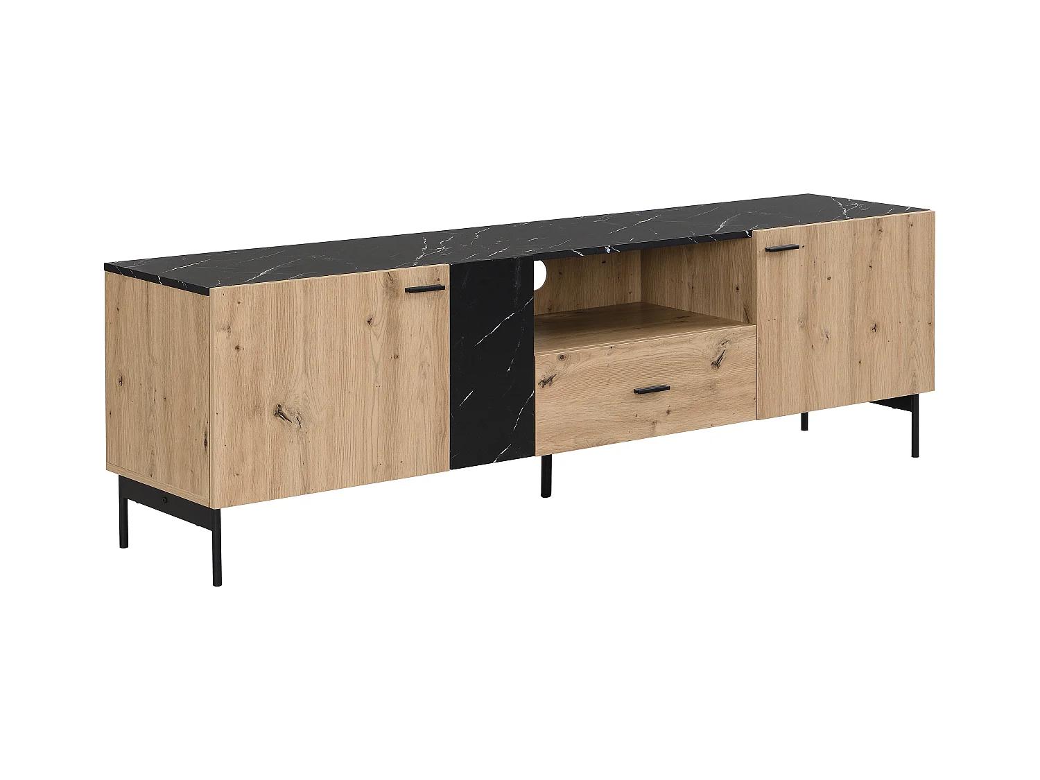 Mueble TV con 2 puertas, 1 cajón y 1 estante de MDF y metal - Natural claro y efecto mármol negro - LIOMENA de Pascal Morabito