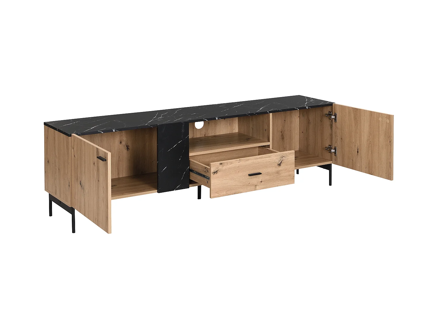 Mueble TV con 2 puertas, 1 cajón y 1 estante de MDF y metal - Natural claro y efecto mármol negro - LIOMENA de Pascal Morabito