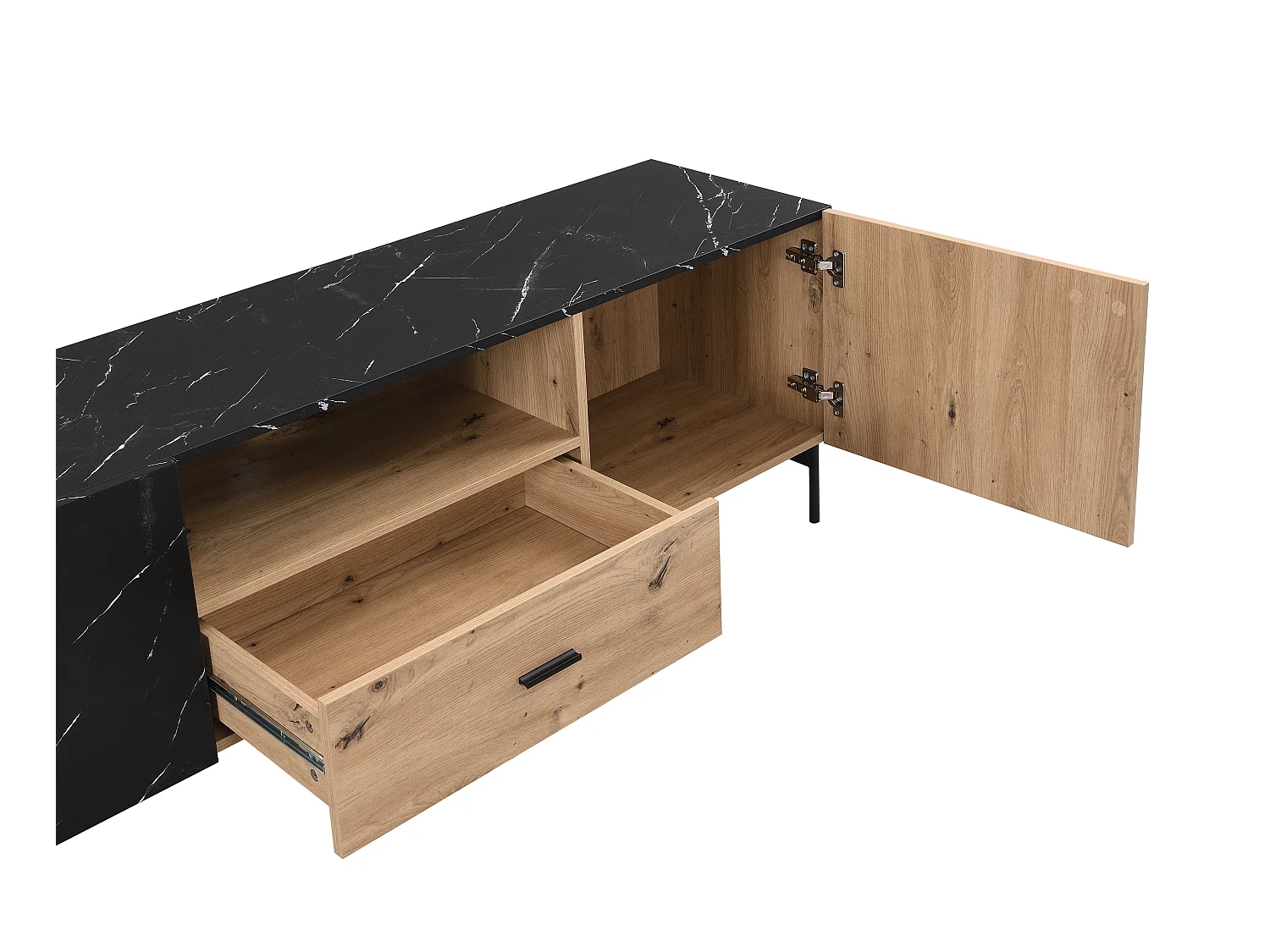 Mueble TV con 2 puertas, 1 cajón y 1 estante de MDF y metal - Natural claro y efecto mármol negro - LIOMENA de Pascal Morabito