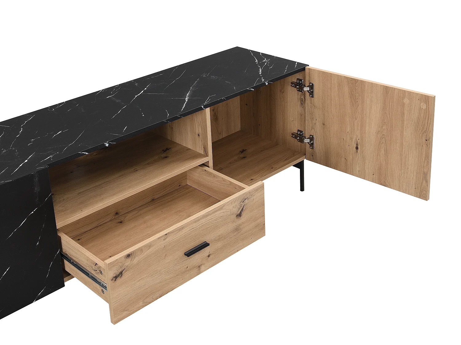 TV-möbel med 2 dörrar, 1 låda och 1 nisch i MDF och metall - Ljust naturlig och Svart marmoreffekt - LIOMENA från Pascal Morabito