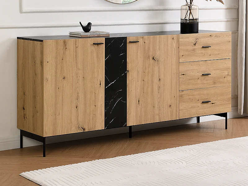Sideboard mit 2 Türen & 3 Schubladen - MDF & Metall - Holzfarben hell & Marmor-Optik Schwarz - LIOMENA von Pascal Morabito