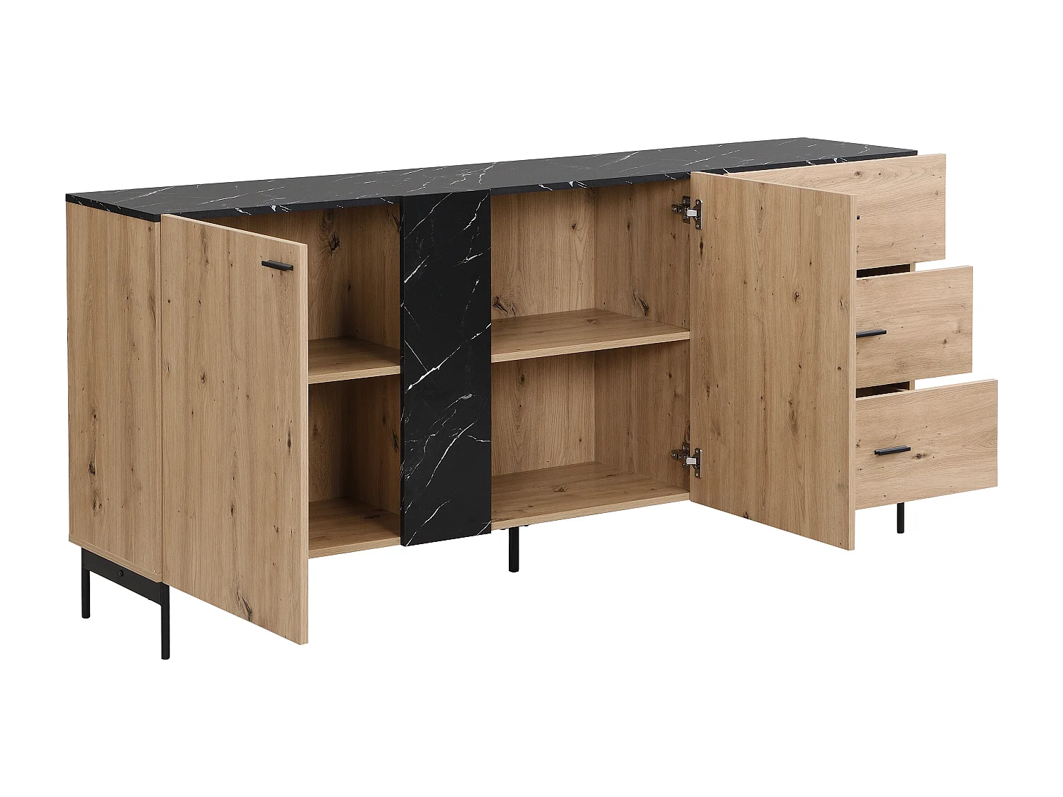 Sideboard mit 2 Türen & 3 Schubladen - MDF & Metall - Holzfarben hell & Marmor-Optik Schwarz - LIOMENA von Pascal Morabito