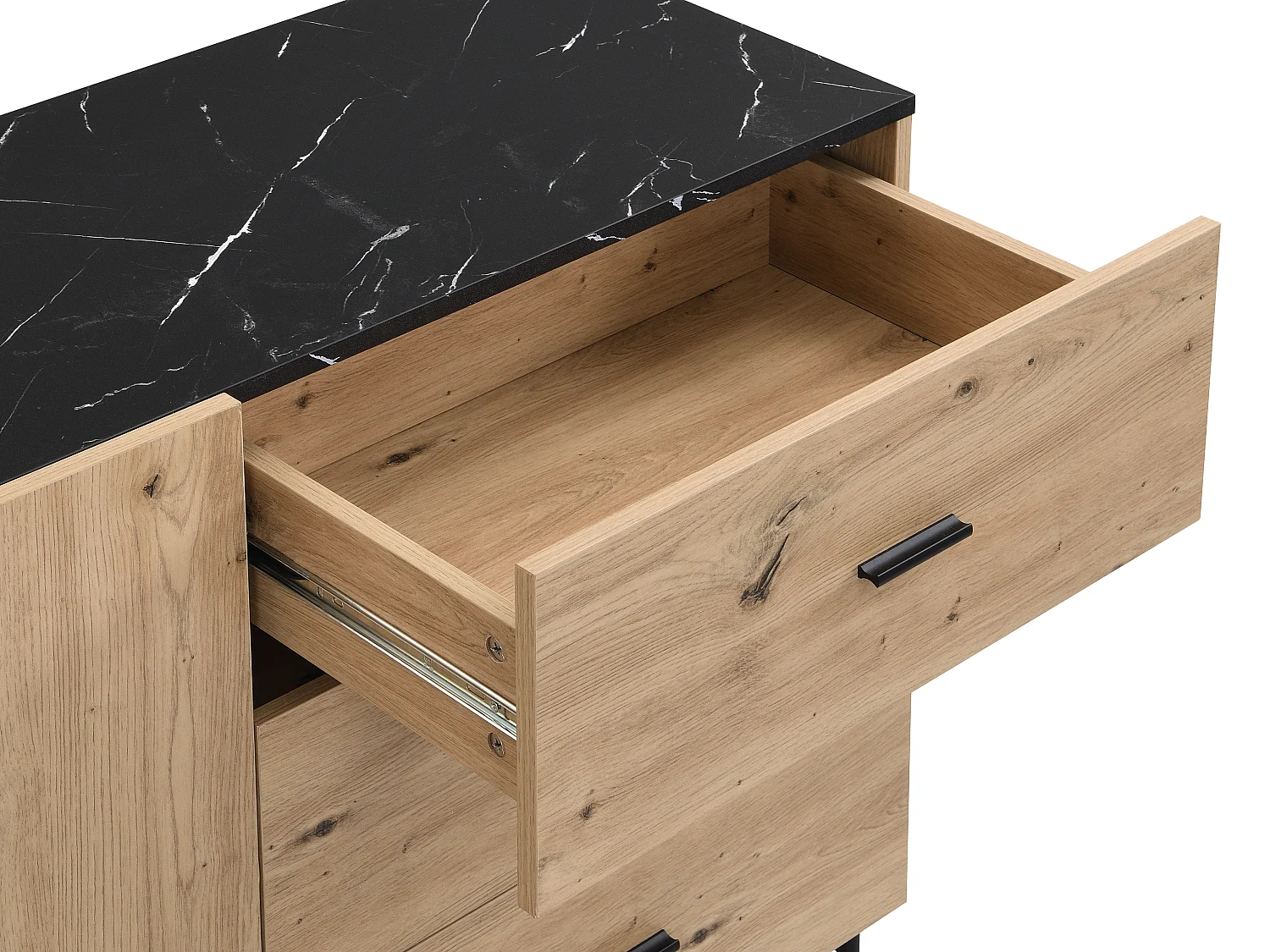 Sideboard mit 2 Türen & 3 Schubladen - MDF & Metall - Holzfarben hell & Marmor-Optik Schwarz - LIOMENA von Pascal Morabito