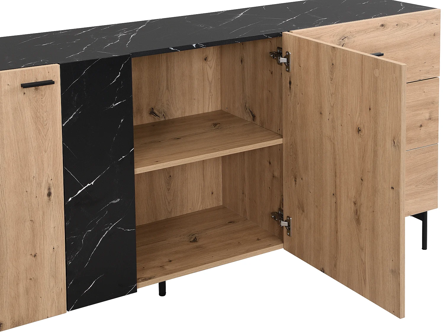 Sideboard mit 2 Türen & 3 Schubladen - MDF & Metall - Holzfarben hell & Marmor-Optik Schwarz - LIOMENA von Pascal Morabito