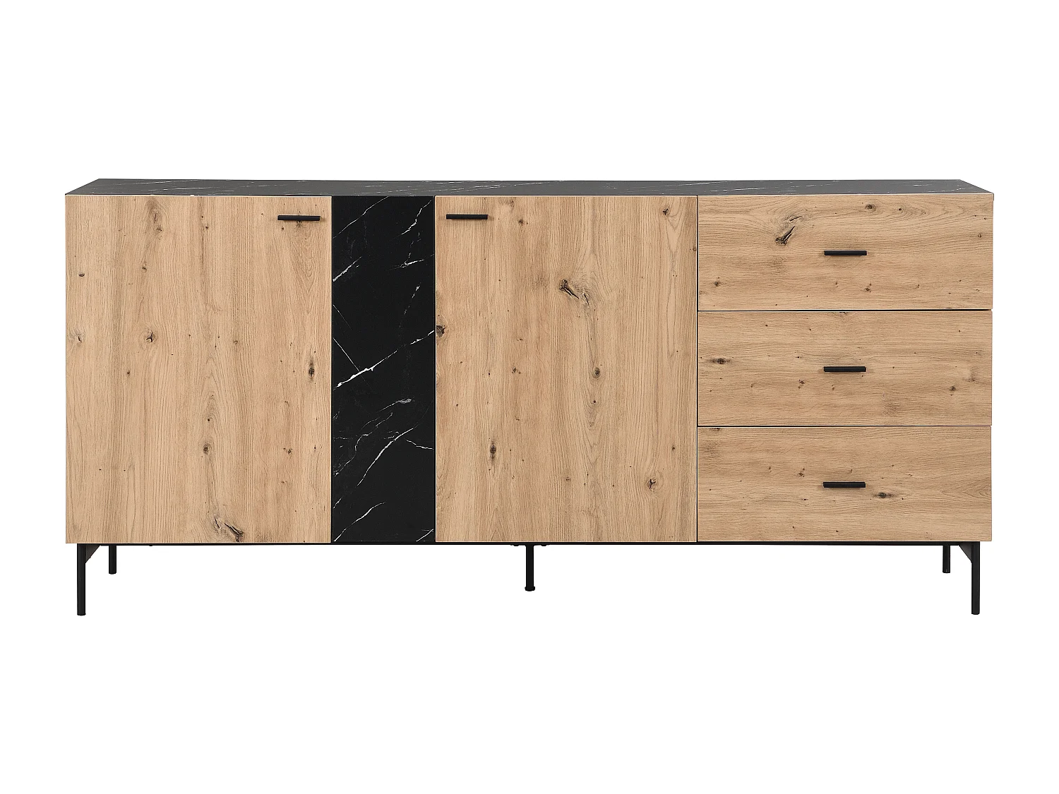 Sideboard mit 2 Türen & 3 Schubladen - MDF & Metall - Holzfarben hell & Marmor-Optik Schwarz - LIOMENA von Pascal Morabito