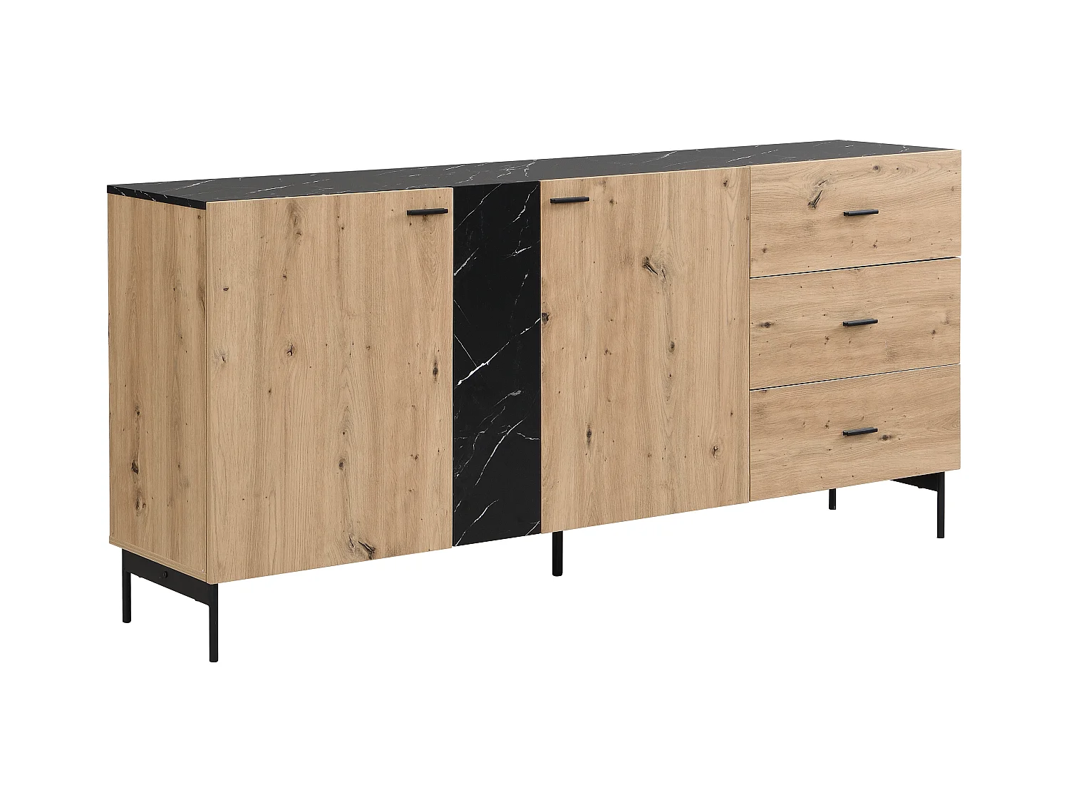 Buffetkast met 2 deuren en 3 lades van mdf en staal - Licht naturel en zwart marmereffect - LIOMENA van Pascal Morabito