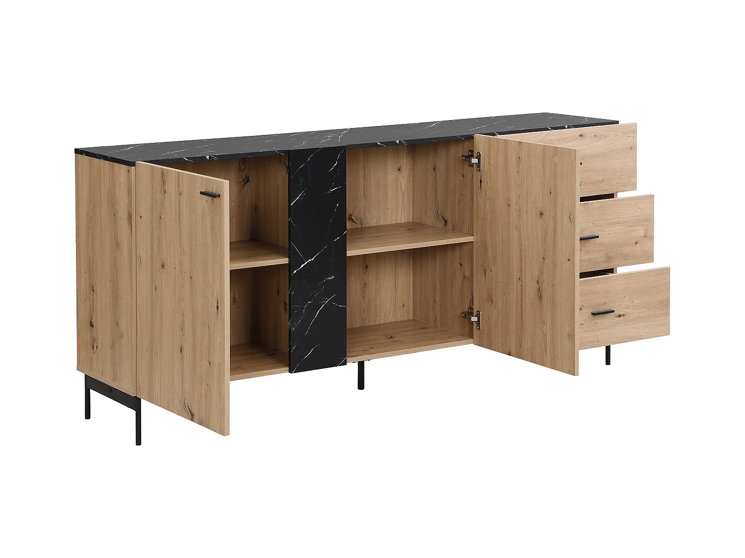 Buffetkast met 2 deuren en 3 lades van mdf en staal - Licht naturel en zwart marmereffect - LIOMENA van Pascal Morabito