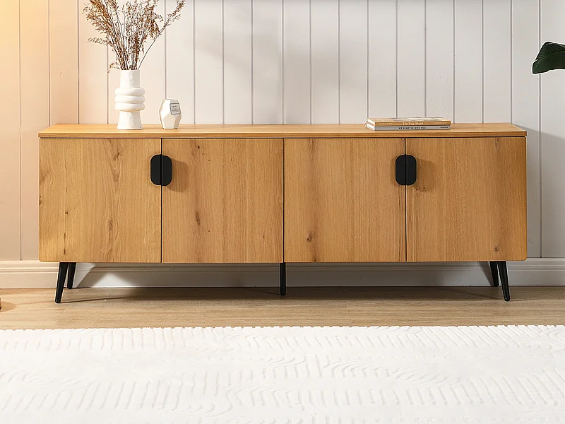 Móvel de TV com 4 portas folha de carvalho e aço natural claro e preto - SINOLO