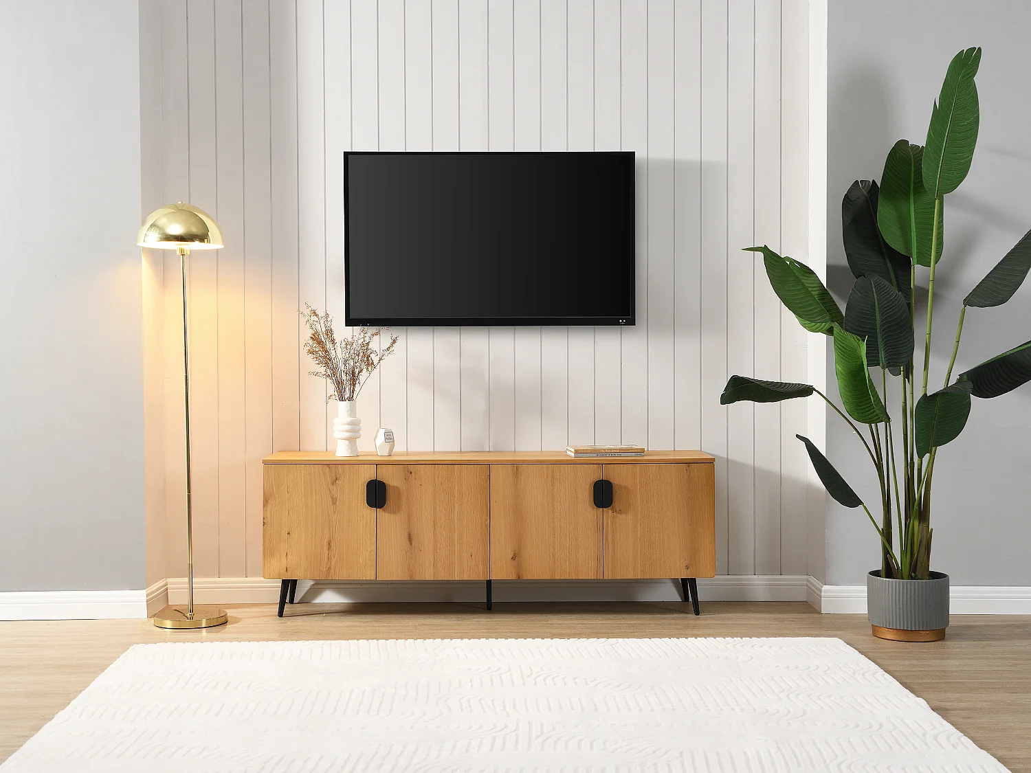 Meuble TV avec 4 portes placage chêne et acier - Naturel clair et Noir - SINOLO