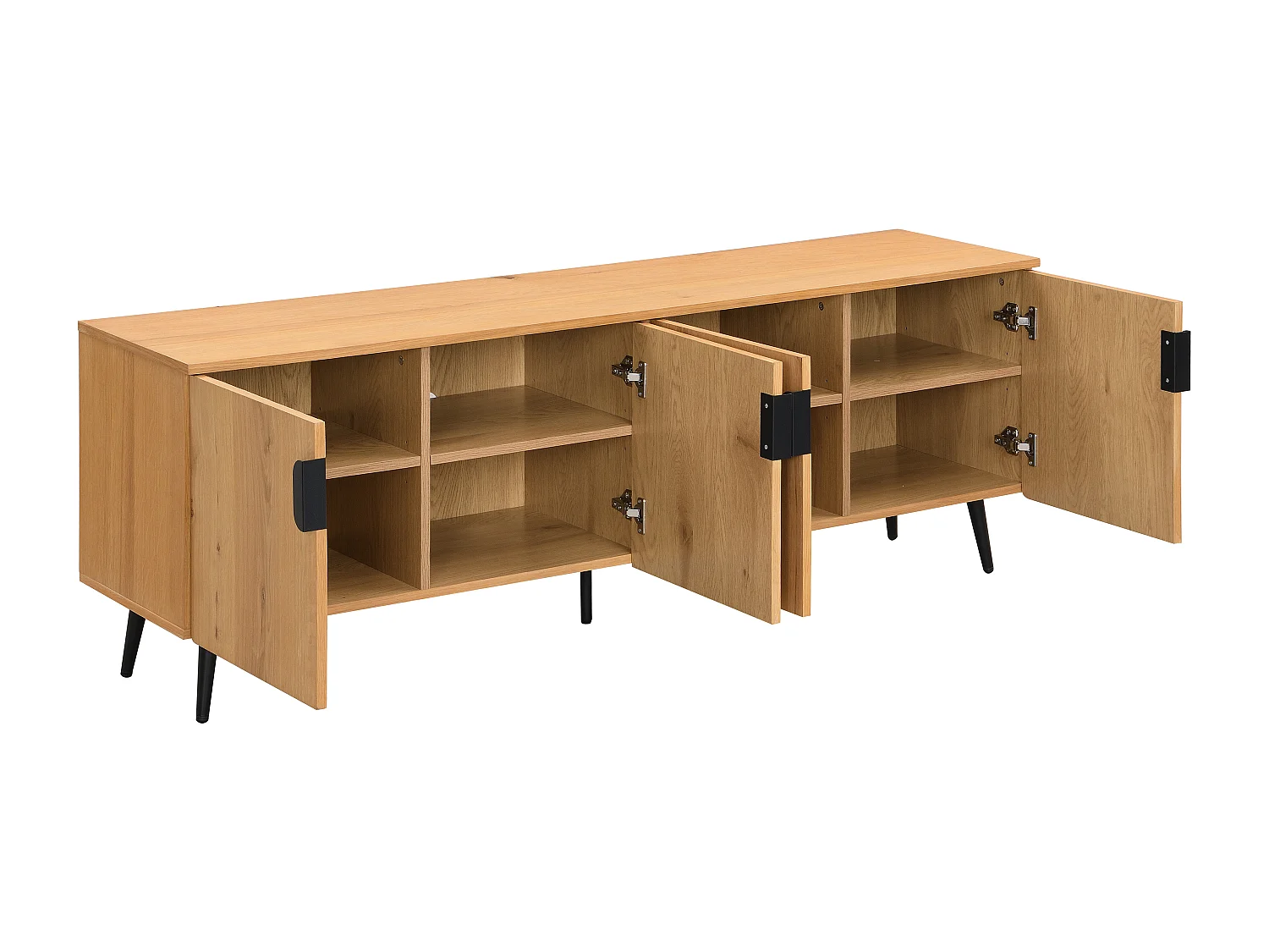 Móvel de TV com 4 portas folha de carvalho e aço natural claro e preto - SINOLO