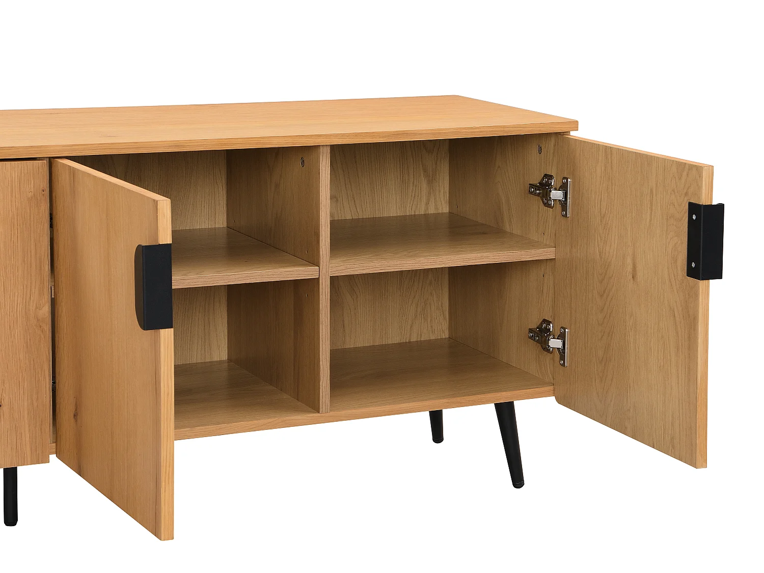 Tv-meubel met 4 deurtjes met eikenfineer en staal - Licht naturel en zwart - SINOLO