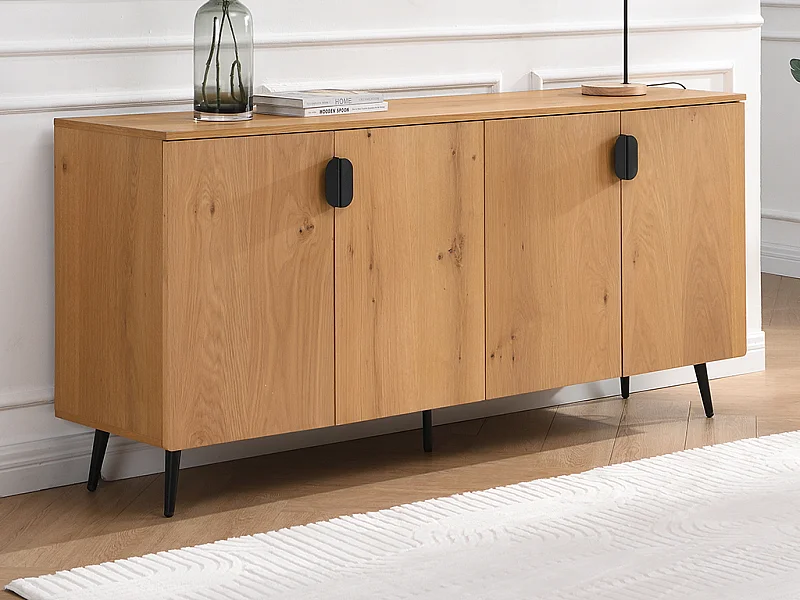 Buffet avec 4 portes placage chêne et acier - Naturel clair et Noir - SINOLO