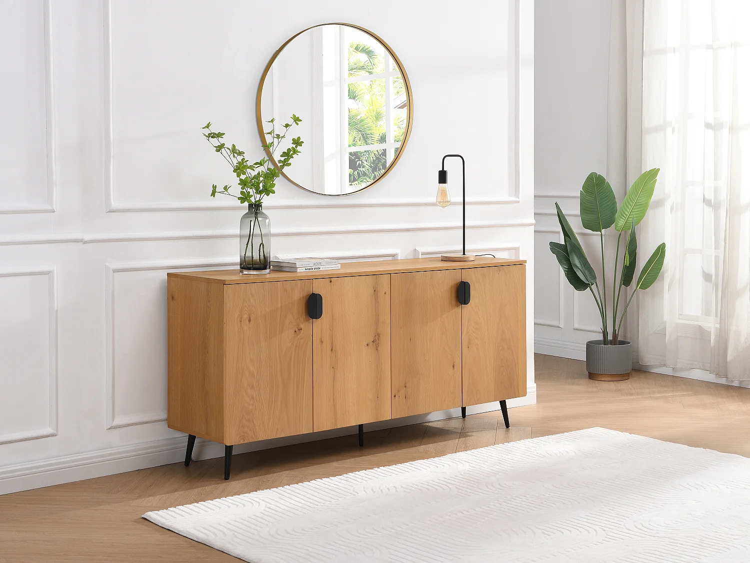 Sideboard mit 4 Türen - Eichenfurnier & Stahl - Holzfarben hell & Schwarz - SINOLO